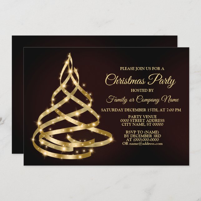 Invitación Christmas Party Shiny Golden Ribbon Tree Sparkle (Anverso / Reverso)