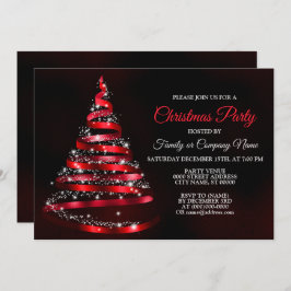 Invitación Christmas Party Shiny Red Ribbon Tree Sparkle