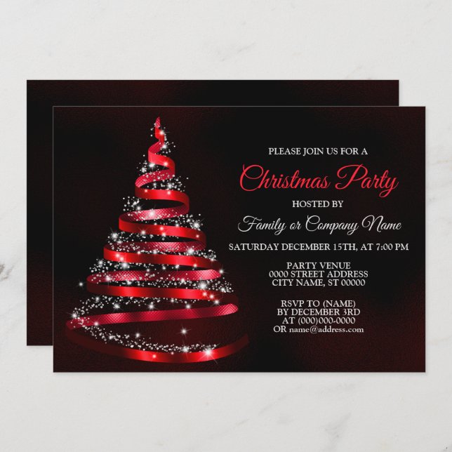 Invitación Christmas Party Shiny Red Ribbon Tree Sparkle (Anverso / Reverso)