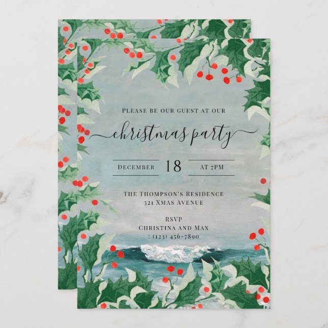 Invitación Christmas Party Watercolor Beach Coastal Holly (Anverso / Reverso)