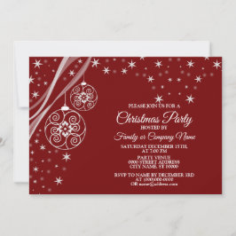 Invitación Christmas Party White Ornaments Stars Red Elegant