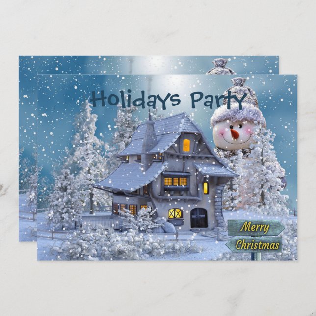 Invitación Christmas Party Winter White Snowman Blue Rustic (Anverso / Reverso)