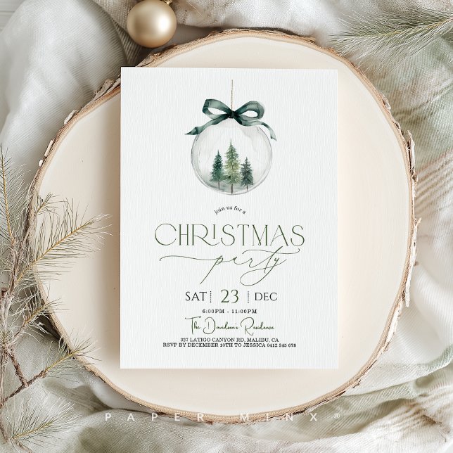 Invitación Christmas Party Xmas Bauble Green Gold  (Christmas Party Invitation with christmas tree bauble and elegant fonts. )