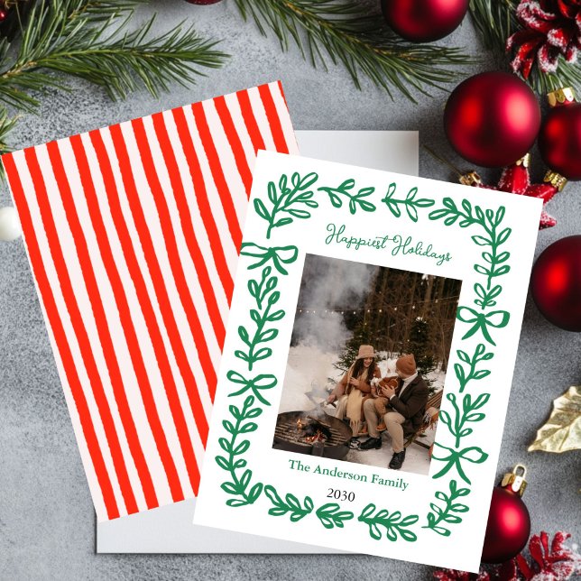 Invitación Christmas Photo Card hand drawn green Bow Holiday  (Subido por el creador)