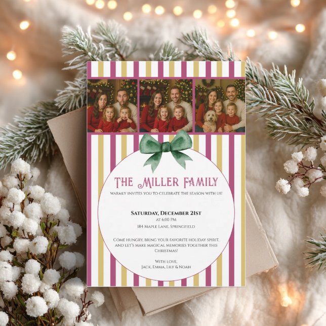 Invitación Christmas Photo Invitation • Pink Gold Striped  (Modern Christmas photo invitation with red pink gold stripes and green bow)
