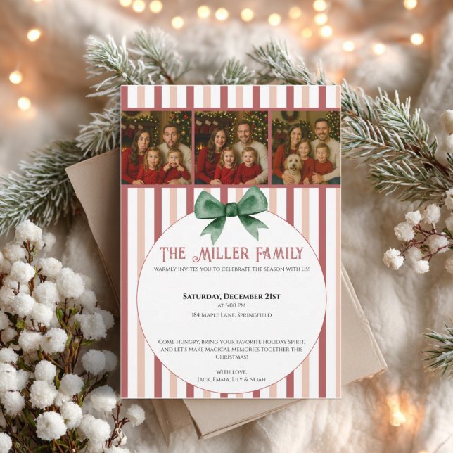 Invitación Christmas Photo Invitation • Red Striped Holiday (Christmas photo invitation with red stripes and green bow)