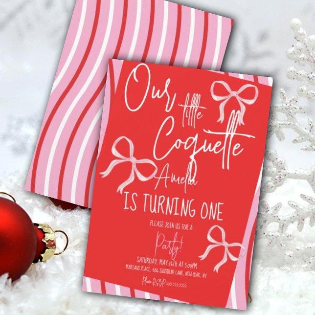 Invitación Christmas Pink Bows Birthday Stripes (Subido por el creador)