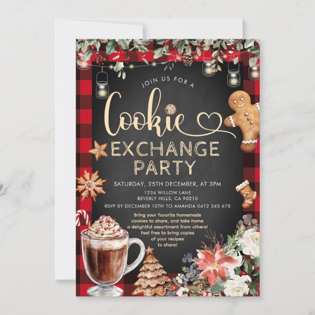 Invitación Christmas Plaid Cookie Cocoa Exchange Party (Anverso)