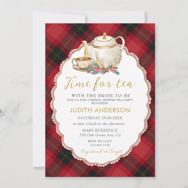 Invitación Christmas Plaid Tea Party Bridal Shower Invitation (Anverso)