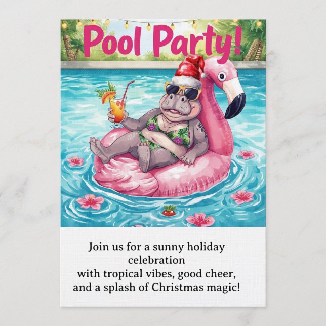 Invitación Christmas Pool Party  Cute Hippo on Flamingo Float (Anverso)