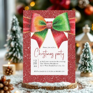Invitación Christmas red and green bow and snowflakes party