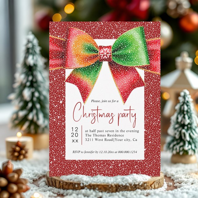 Invitación Christmas red and green bow and snowflakes party (Subido por el creador)