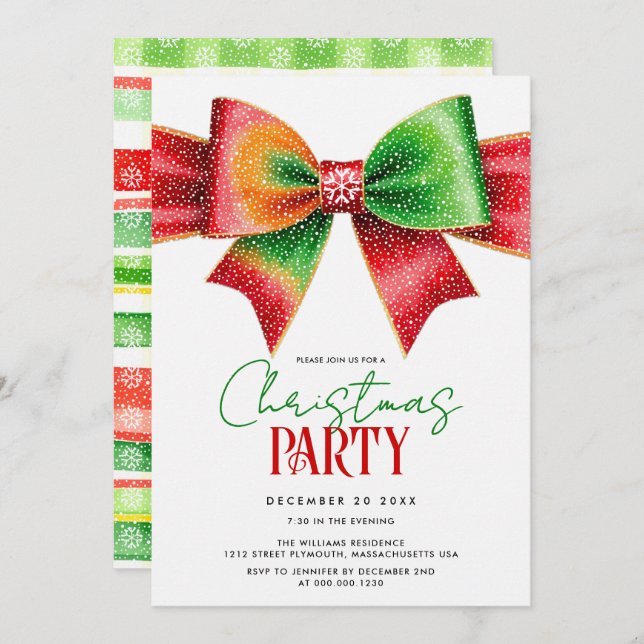 Invitación Christmas red and green bow and stripes party (Anverso / Reverso)