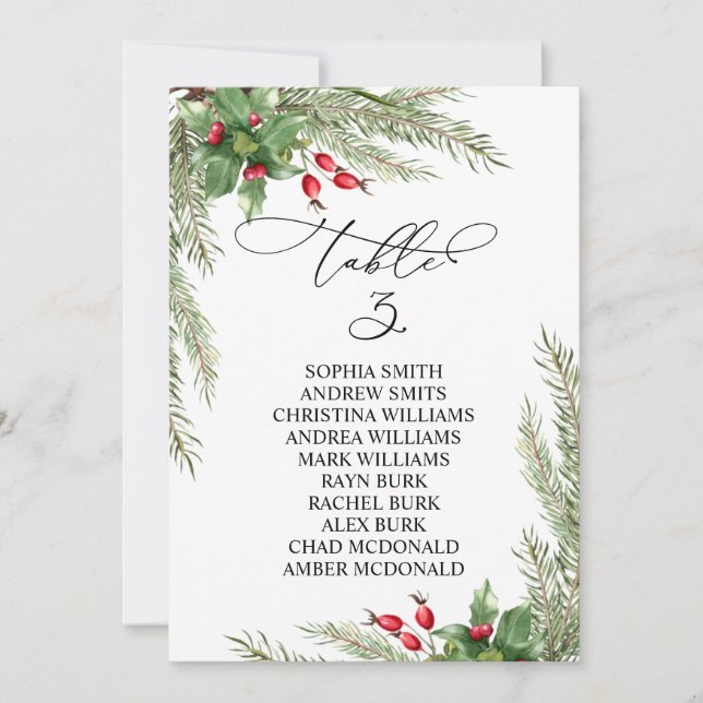 Invitación Christmas Red Berries Table Number 3 Seating Chart (Anverso)