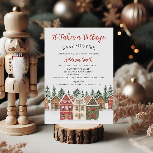 Invitación Christmas Red Green Takes A Village Baby Shower  (A Village BABY SHOWER  Invitation, Christmas Merry Little Baby Shower Invitation, Christmas Theme )
