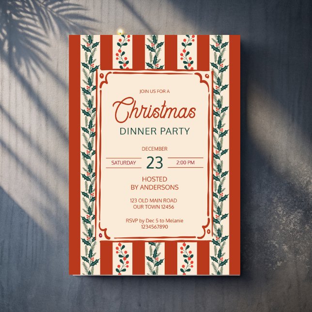 Invitación Christmas retro stripes grandmilenial dinner party (Christmas retro red stripes grand millennial dinner party invitation cards template )