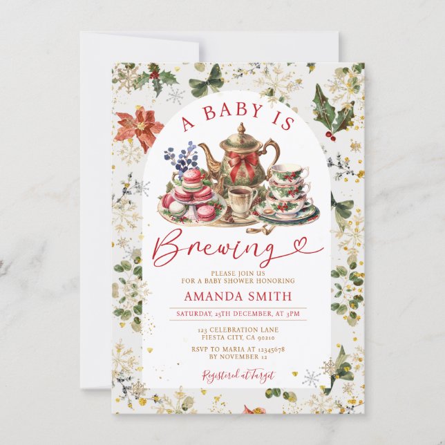 Invitación Christmas Tea a baby is brewing Baby Shower Floral (Anverso)