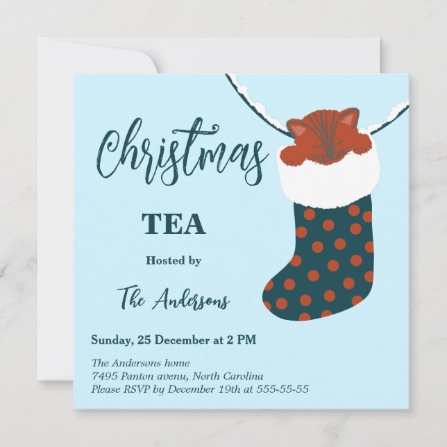 Invitación  Christmas Tea Holly’s Boots Cat Party Invitation (Anverso)