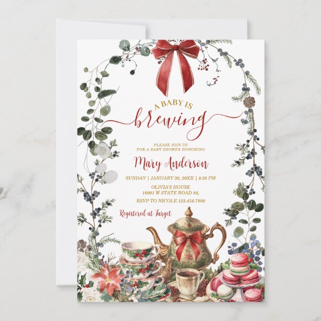 Invitación Christmas Tea Party Baby is Brewing Baby Shower (Anverso)