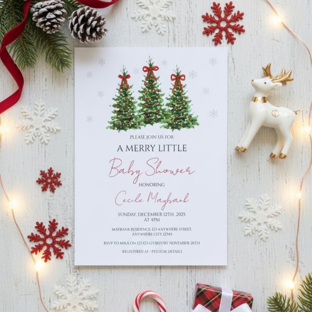 Invitación Christmas Themed Baby Shower Invitation (Elegant Christmas themed baby shower invitation with red bows and winter trees on white.)