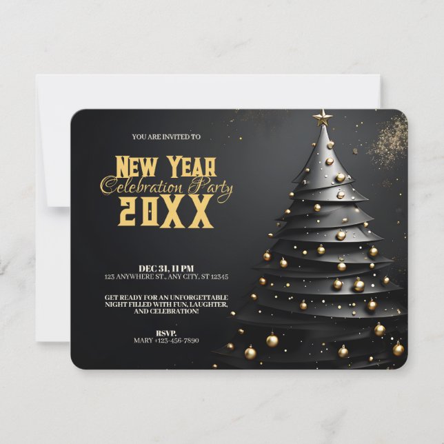 Invitación Christmas Tree and Gold Ornaments Modern New Year (Anverso)