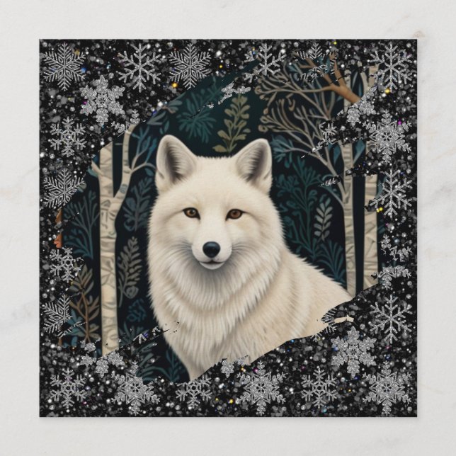 Invitación Christmas white fox white wolf sparkling snowflake (Anverso)