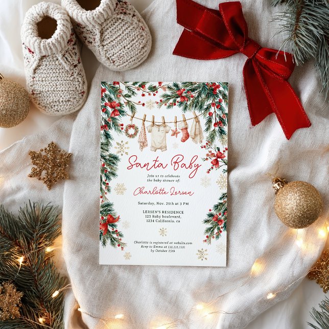 Invitación  Christmas Winter Clothesline Santa Baby Shower (Christmas Winter Clothesline Santa Baby Shower Invitation)