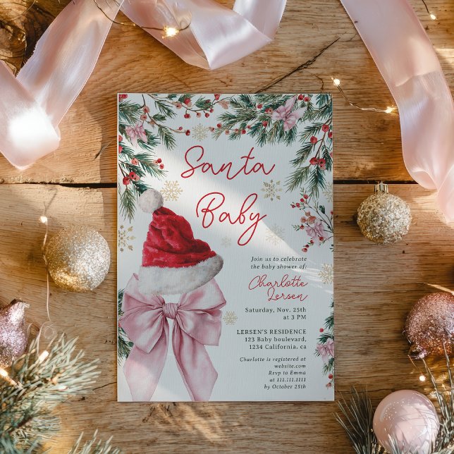Invitación  Christmas Winter Coquette Bow Santa Baby Shower (Christmas Winter Coquette Bow Santa Baby Shower Invitation)