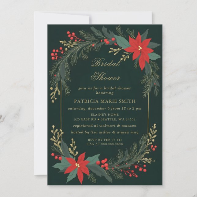 Invitación Christmas Winter Floral Green Gold Bridal Shower (Anverso)