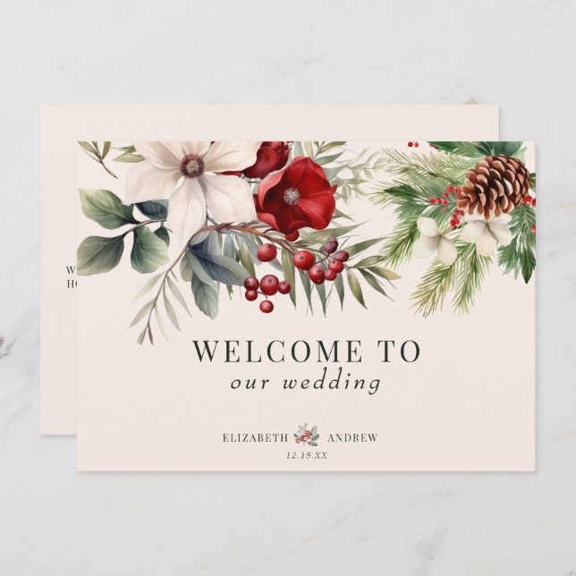 Invitación Christmas Winter Floral  Wedding Welcome Cards (Anverso / Reverso)