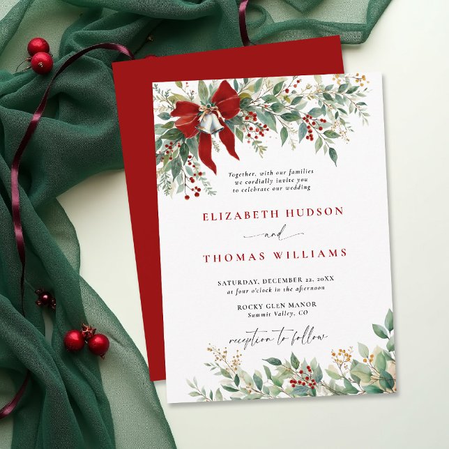 Invitación Christmas Winter Greenery Bow Bells Rustic Wedding (christmas wedding invitation card template design winter greenery bells watercolor botanical rustic )