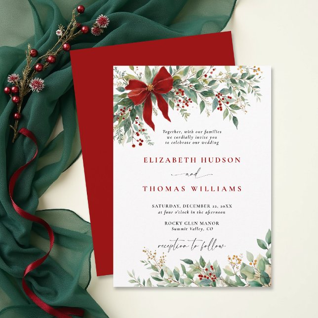 Invitación Christmas Winter Greenery Bow Red Rustic Wedding (christmas wedding invitation card template design winter greenery watercolor botanical rustic chic)