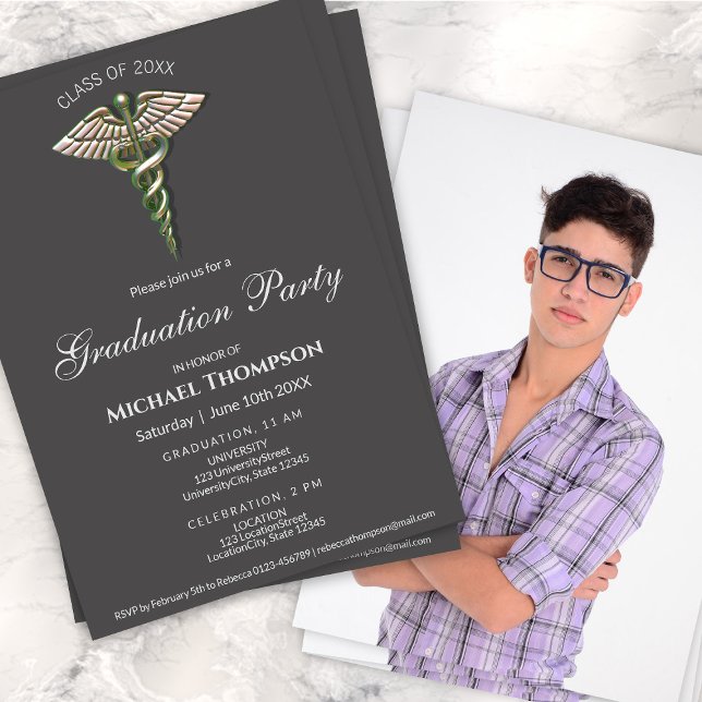 Invitación Chrome Holographic Caduceus Graduation | Photo (Subido por el creador)