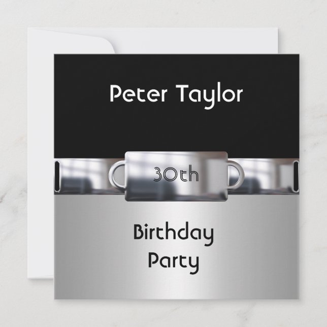 Invitación Chrome Metalizado Silver Mens 30th Birthday Man (Anverso)