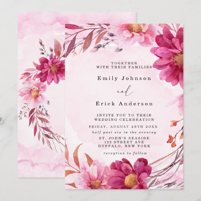 Invitación Chrysanthemum Boda floral de color rosa caliente (Anverso / Reverso)