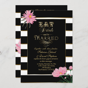 Invitación Chrysanthemum rosado boda franjas blancas negras