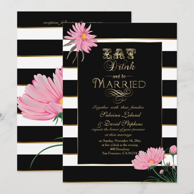 Invitación Chrysanthemum rosado boda franjas blancas negras (Anverso / Reverso)