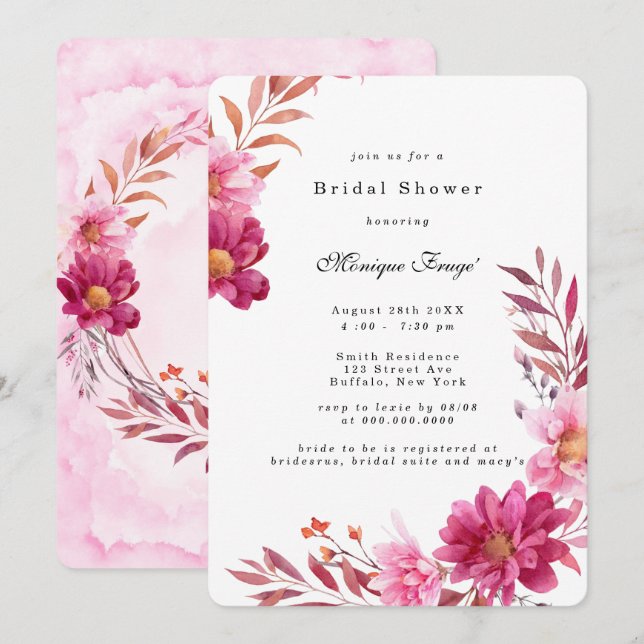 Invitación Chrysanthemum rosado caliente Ducha de novia (Anverso / Reverso)