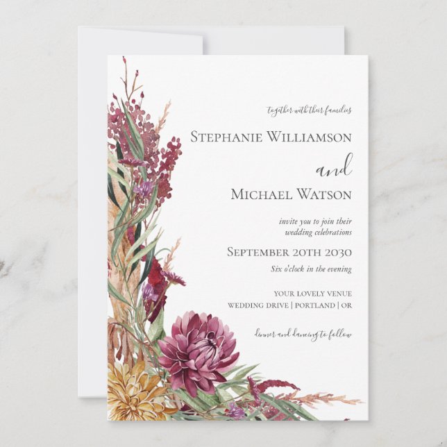 Invitación Chrysanthemums de otoño acuarela Boda floral (Anverso)