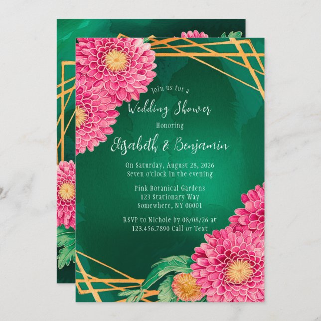 Invitación Chrysanthemums Gold Geometric Wedding Ducha (Anverso / Reverso)