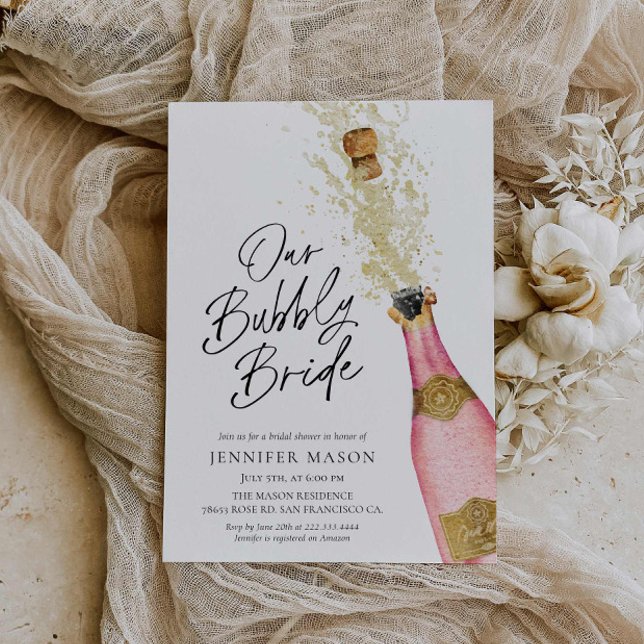 Invitación Chubasco rosa Champán Ducha de novias (Pink Bubbly Bridal Shower Invitation)