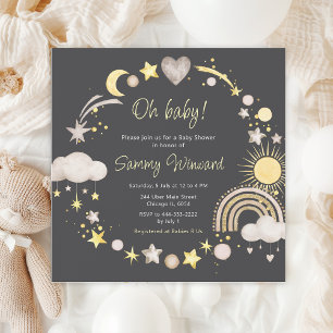 Invitación Chubasquero Arcoíris Nubes Baby Shower Neutral