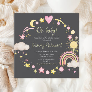 Invitación Chubasquero Arcoíris Nubes Rosa Baby Shower