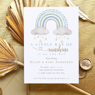 Invitación Chubasquero Azul Boho Arcoíris Niño Baby Shower