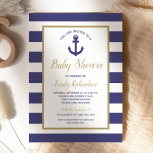 Invitación Chubasquero de bebé niño de rayas azul marino ancl