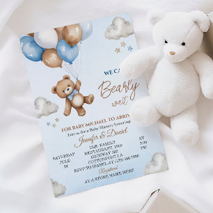Invitación Chubasquero de oso marrón azul juguetón para baby 