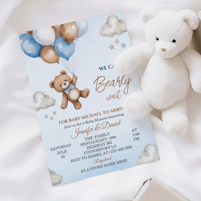 Invitación Chubasquero de oso marrón azul juguetón para baby  (Subido por el creador)