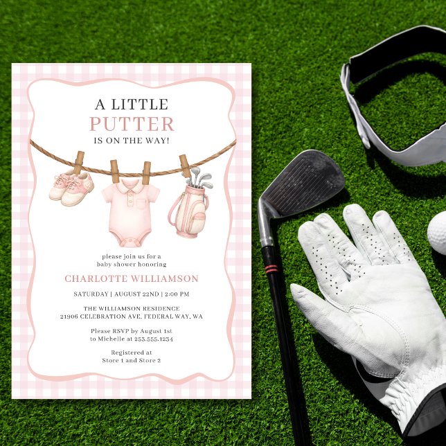 Invitación Chubasquito Pink Golf Ropa de Bebé para Fiesta de  (Little Putter Pink Golf Clothesline Baby Shower Invitation)