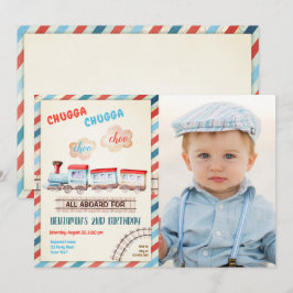 Invitación Chugga Choo Train Vintage Boy Red Blue Birday