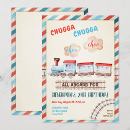 Invitación Chugga Choo Vintage Train Boy Red Blue Birday